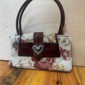Brighton Floral vintage Tote foldeable Brown Leather Silver Heart Accent